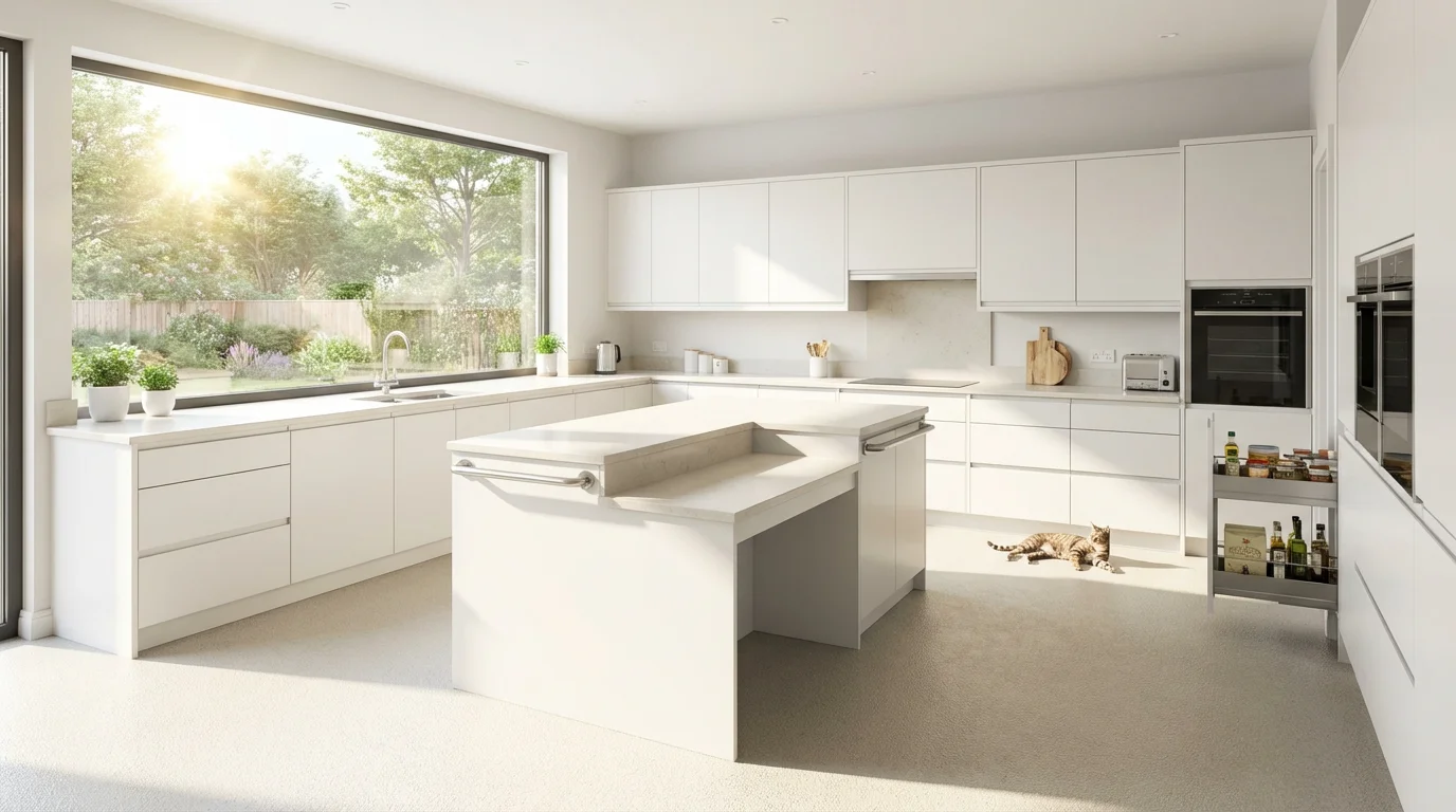 A bright, modern kitchen with a large window and safe, non-slip matte flooring.