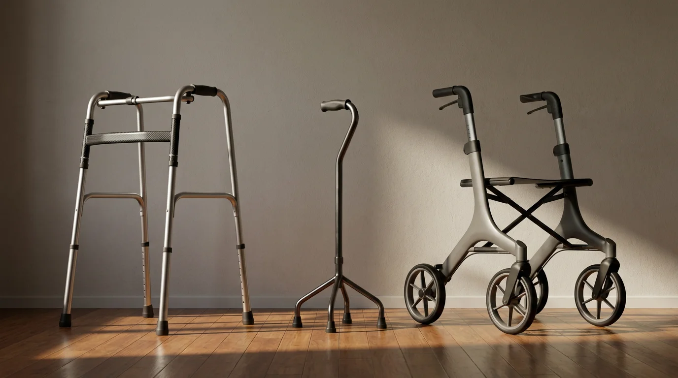 A cane, a standard walker, and a rollator lined up against a wall.