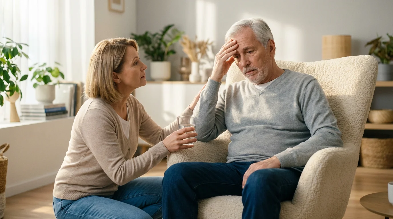 A caregiver offering a glass of water to a tired senior man at home.