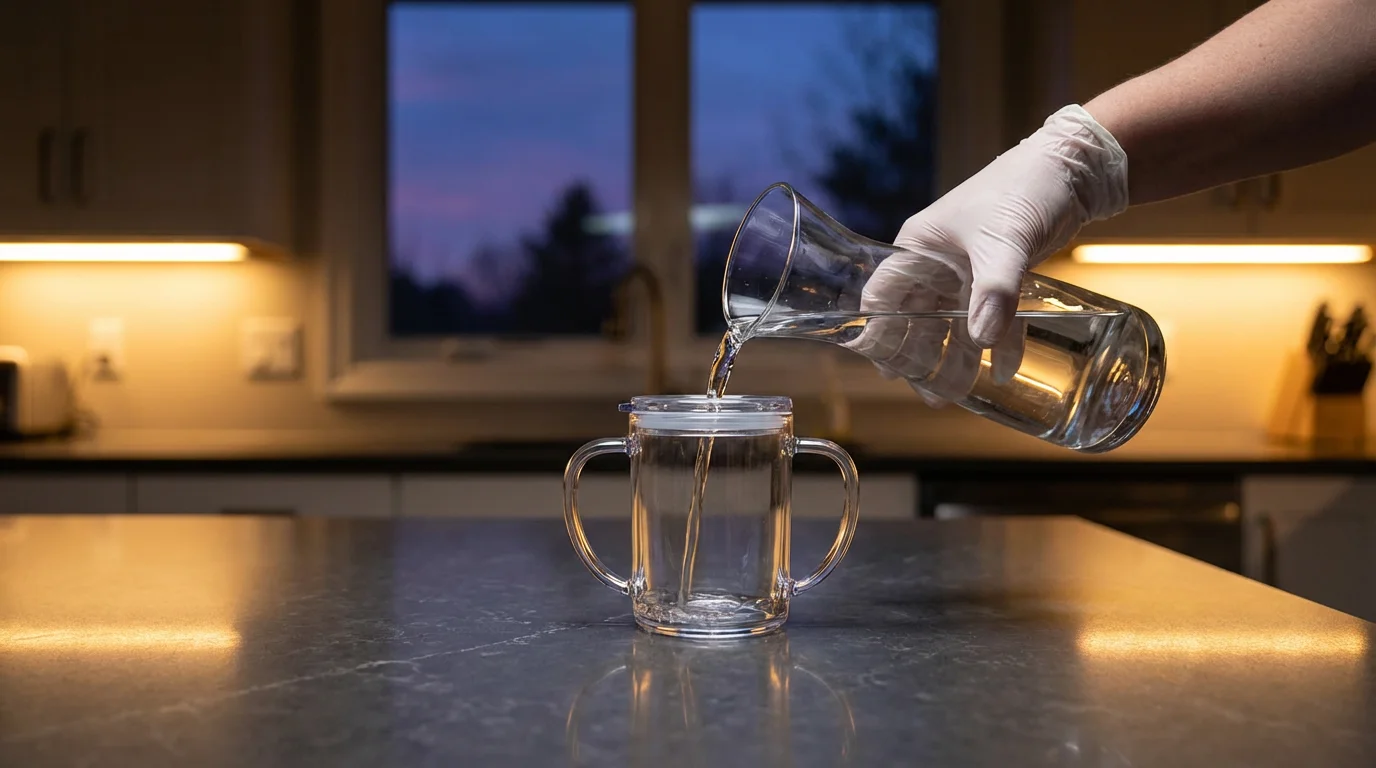 A caregiver pours water into an adaptive tumbler in a modern kitchen at dusk.