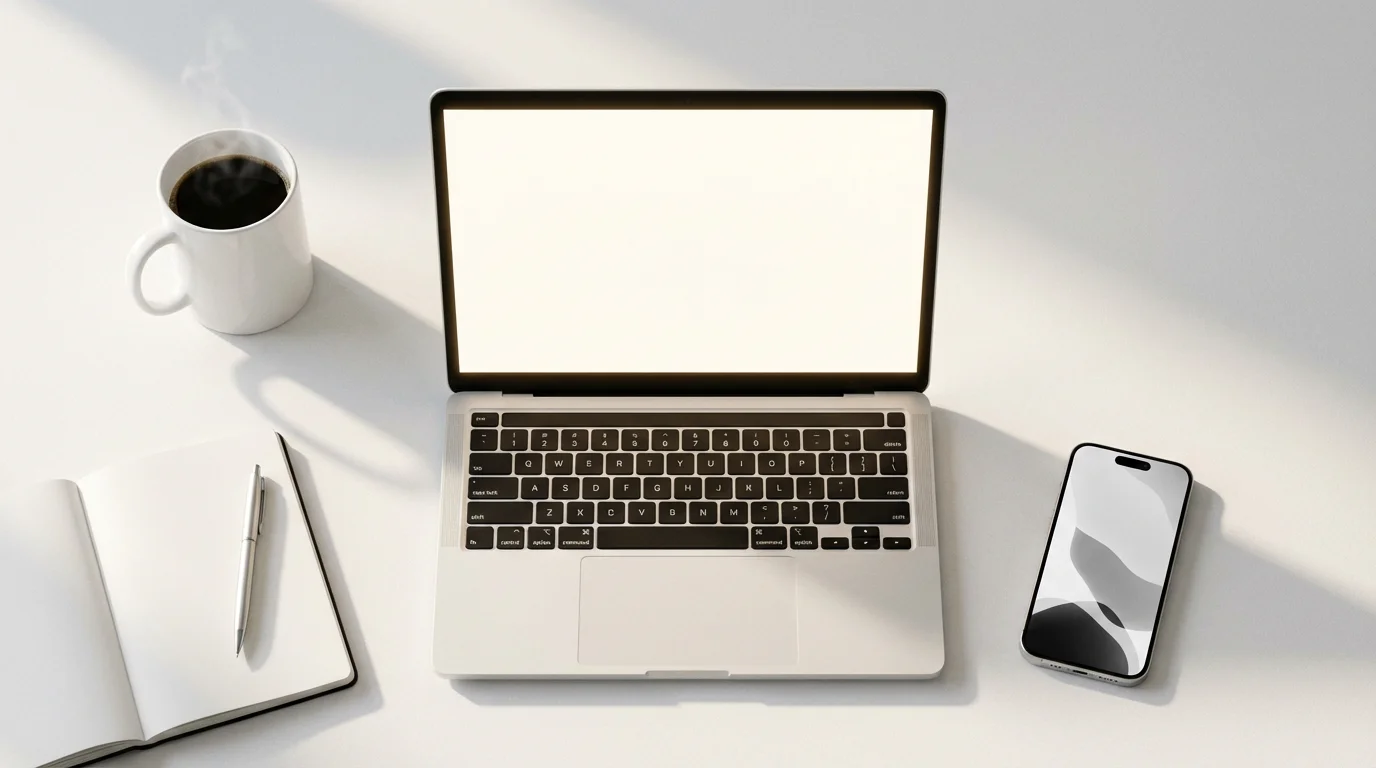 A clean flat lay of a laptop, smartphone, and coffee on a white desk.