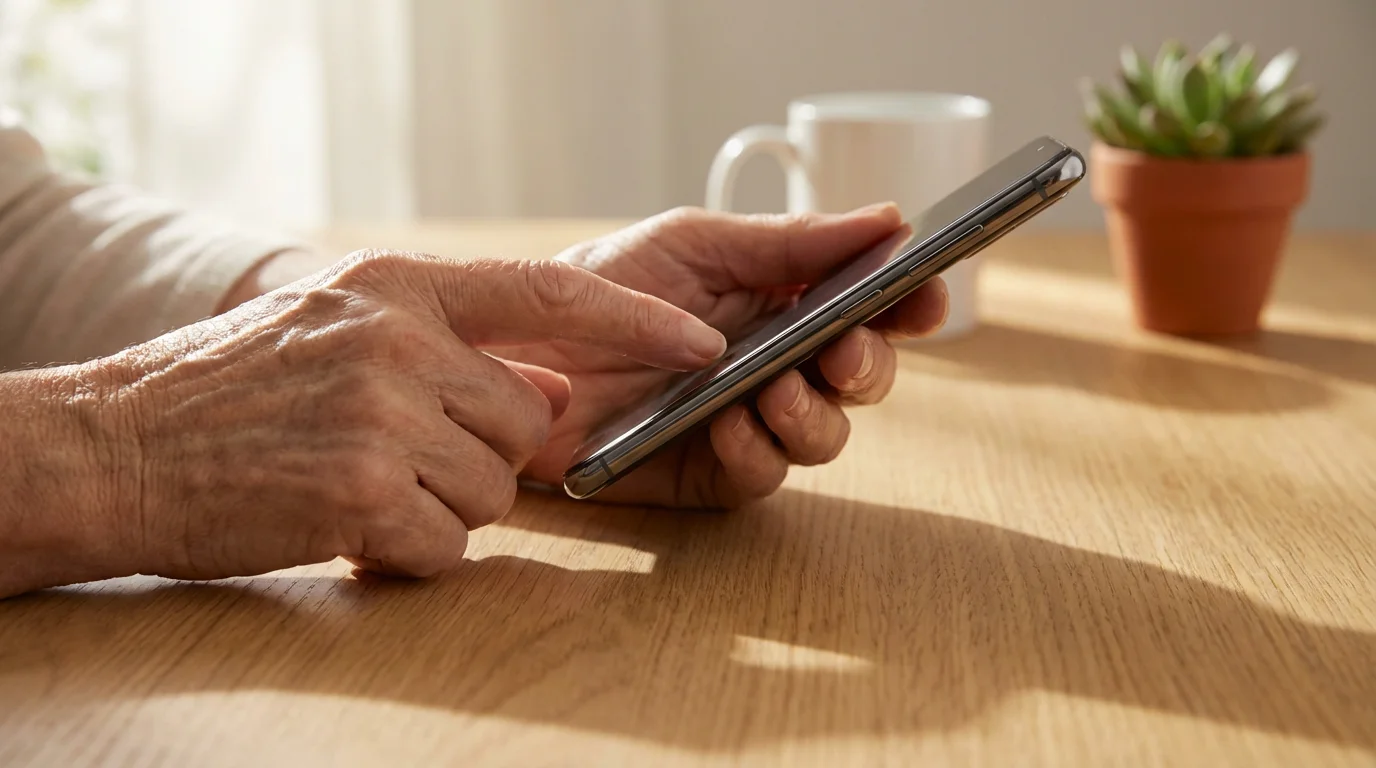 A close-up low angle shot of a senior woman's hand holding a smartphone.