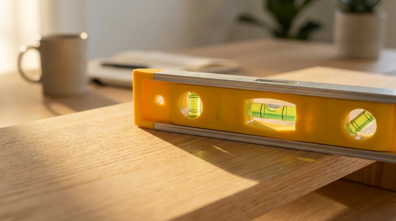 A close-up macro photo of a centered bubble level on a wooden desk shelf.