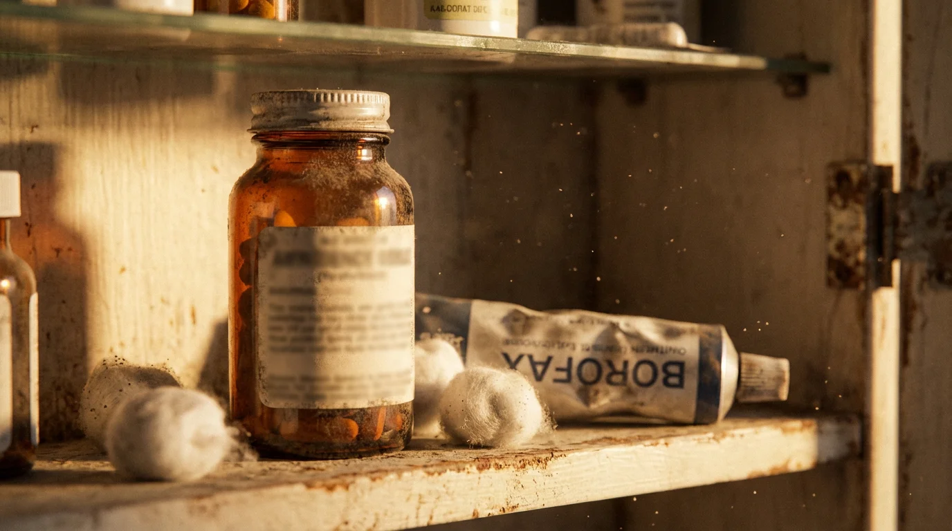 A close-up macro photo of a cluttered, dusty medicine cabinet shelf at golden hour.