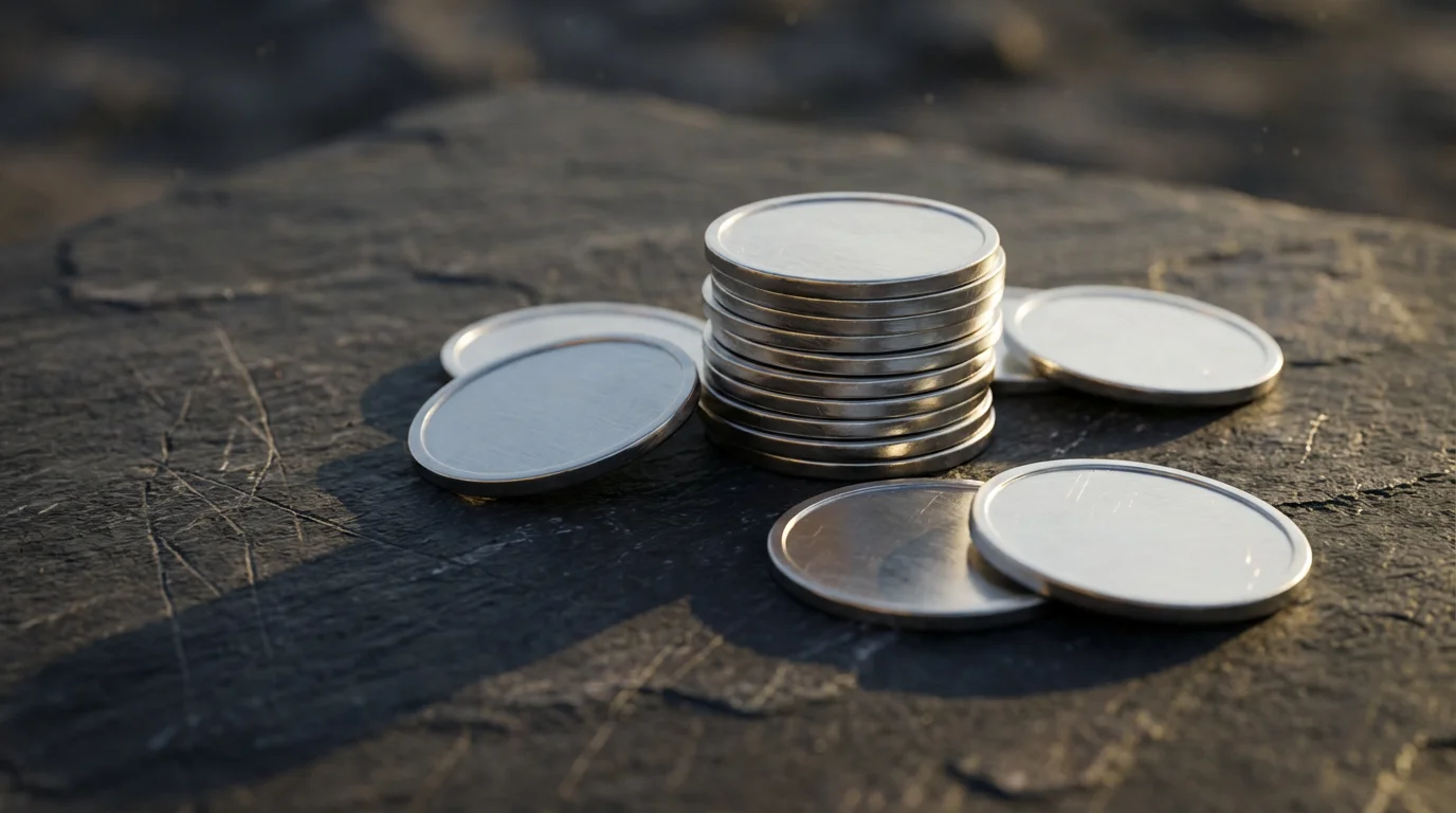 A close-up macro photo of a diminishing stack of silver tokens with long shadows.