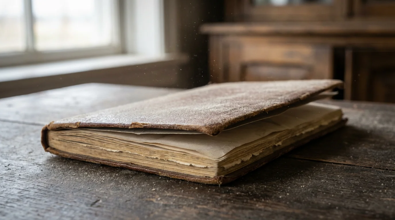 A close-up macro photo of a dusty, vintage bank savings passbook on wood.