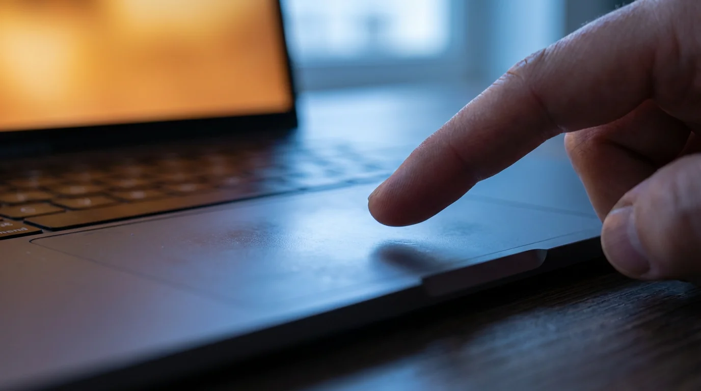A close-up macro photo of a finger hovering over a modern laptop's trackpad.