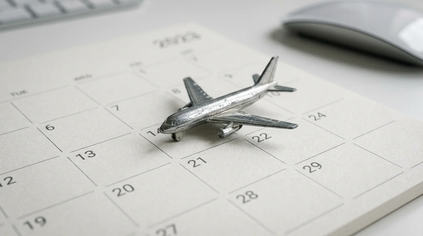 A close-up macro photo of a miniature toy airplane on a calendar, representing booking.