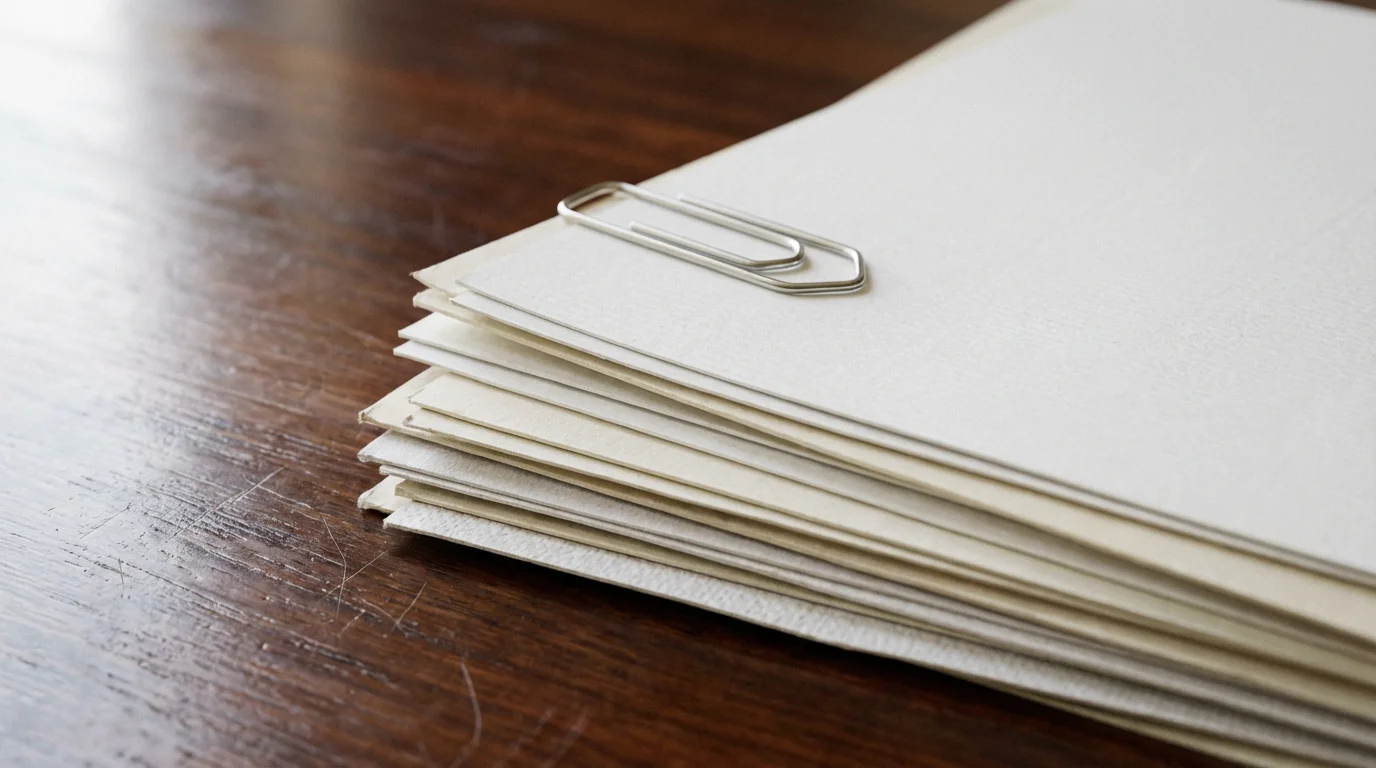 A close-up macro photo of a paperclip holding official documents on a wooden desk.