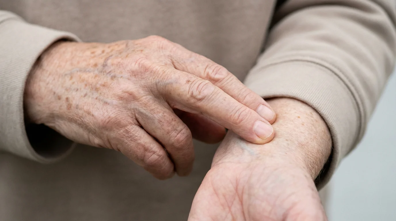 A close-up macro photo of a senior person's hand checking their pulse on their wrist.