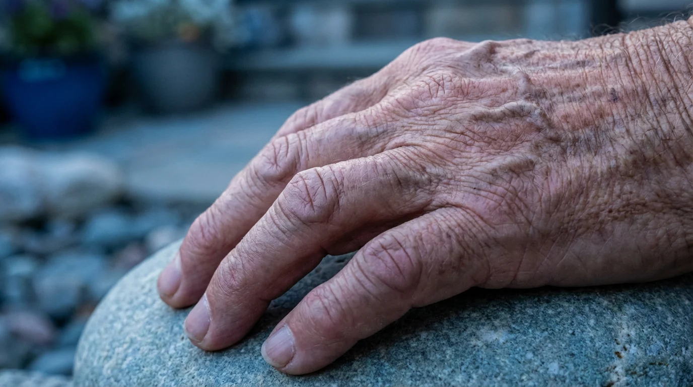A close-up macro photo of a senior's hand with arthritic knuckles resting on stone.