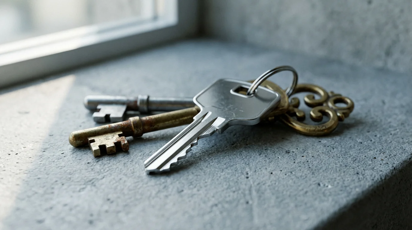A close-up macro photo of different unlabeled keys on a concrete surface, representing choices.