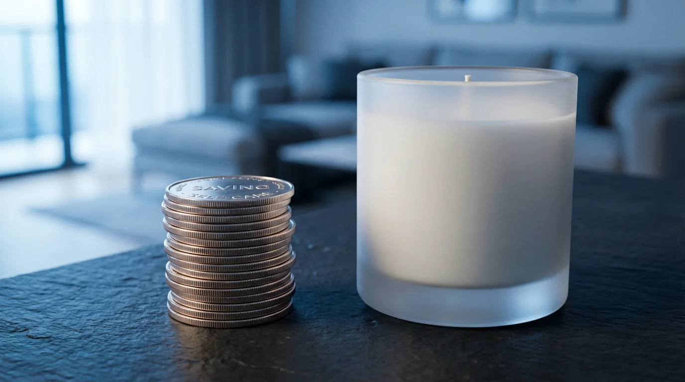 A close-up macro photo of stacked coins next to a luxury candle during blue hour.