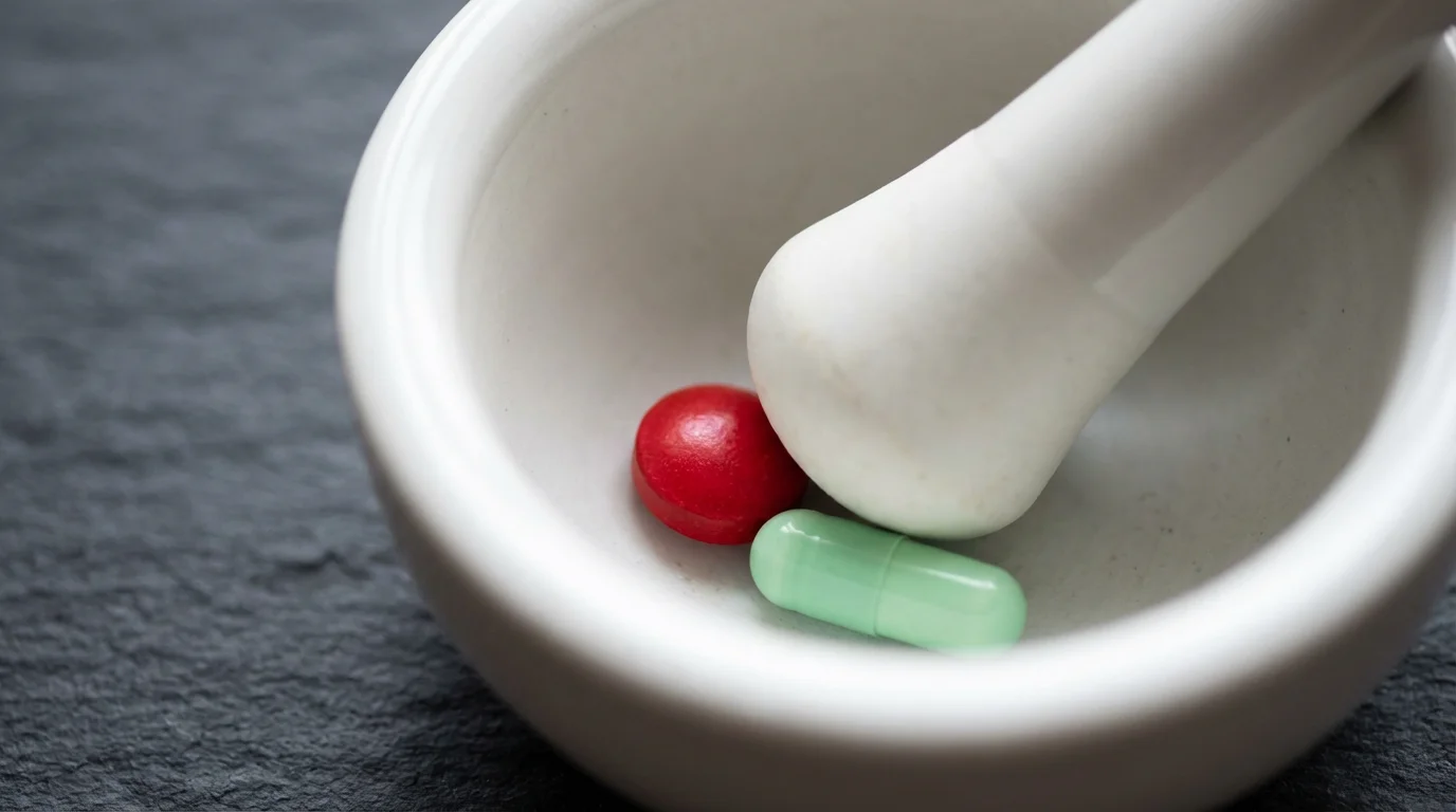 A close-up macro photo of two different pills in a white mortar and pestle.