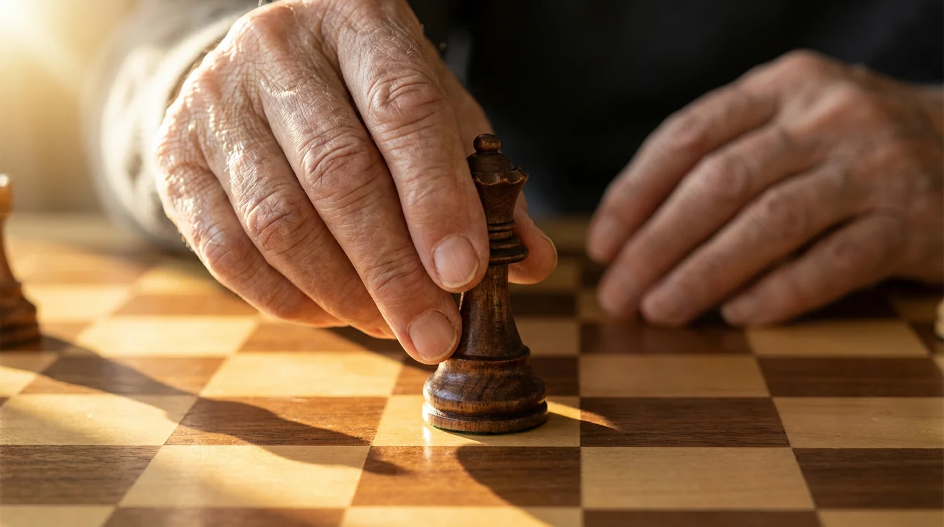 A close-up macro photo of two seniors' hands playing a game of chess.