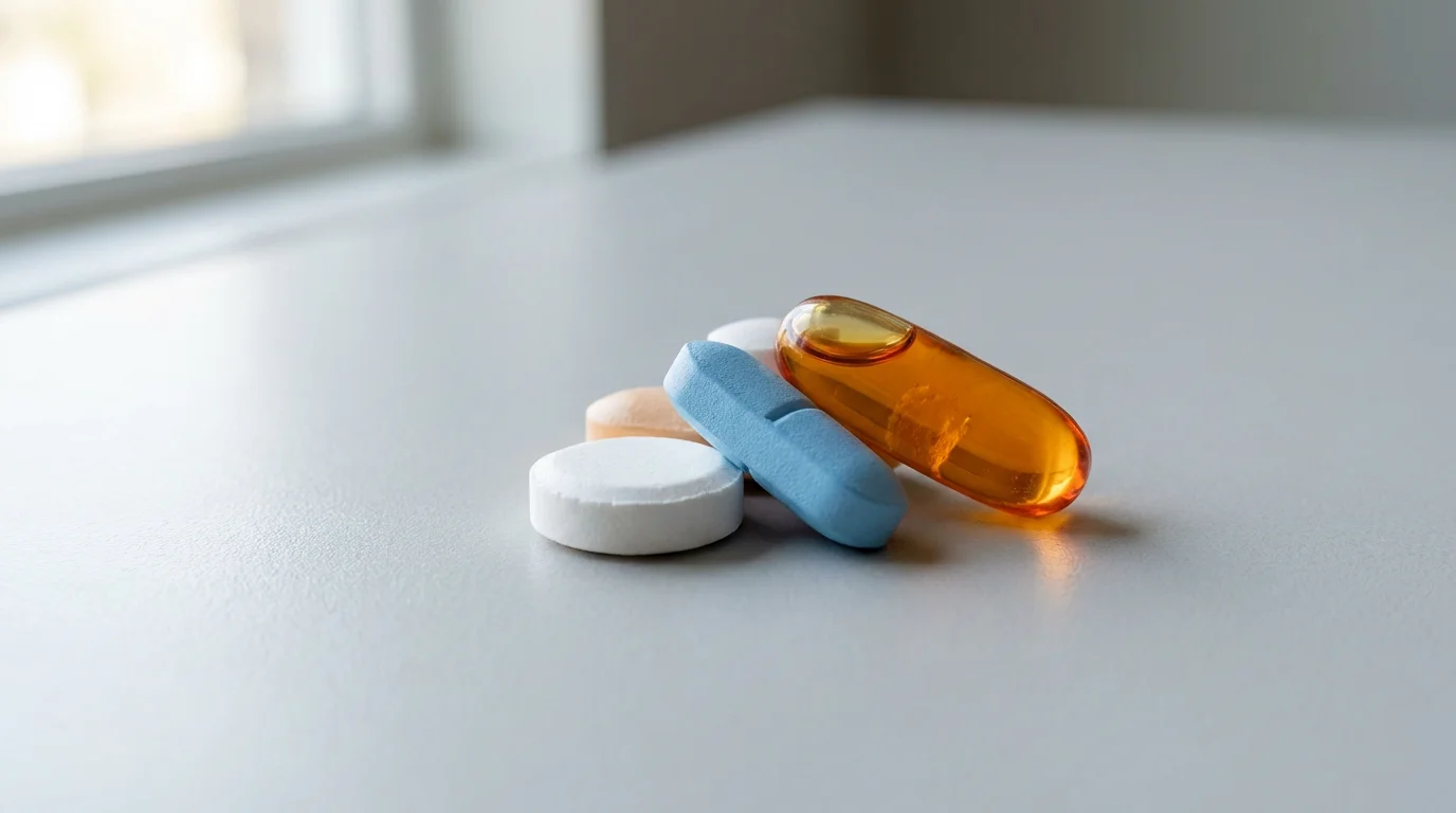 A close-up macro photo of various colorful medication pills and capsules on a countertop.