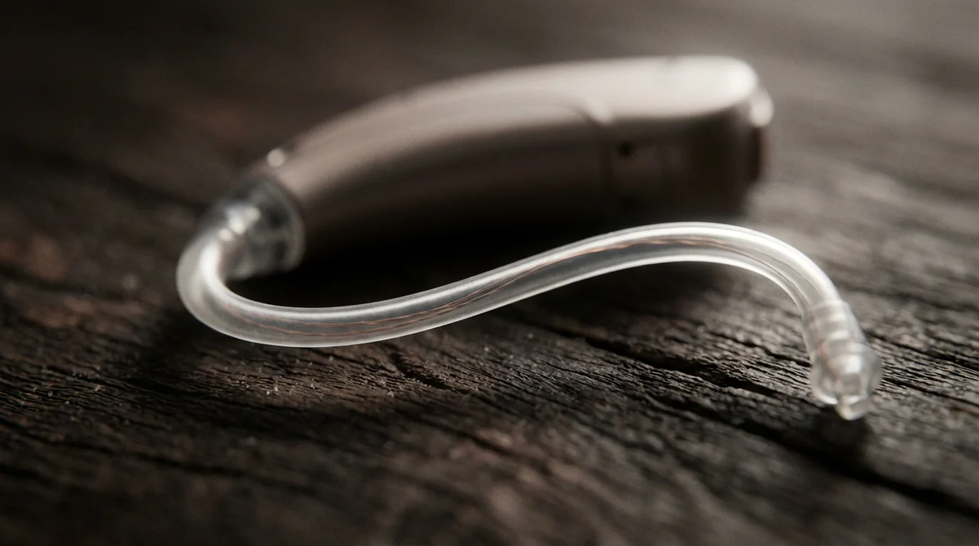 A close-up macro photograph of a modern hearing aid on a wooden surface.