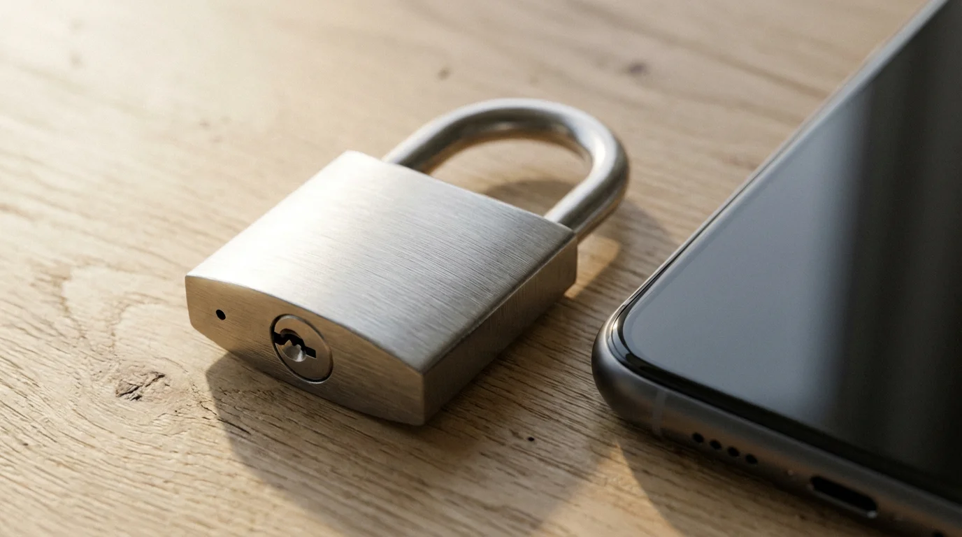 A close-up macro photograph of a modern padlock next to a smartphone, symbolizing digital security.
