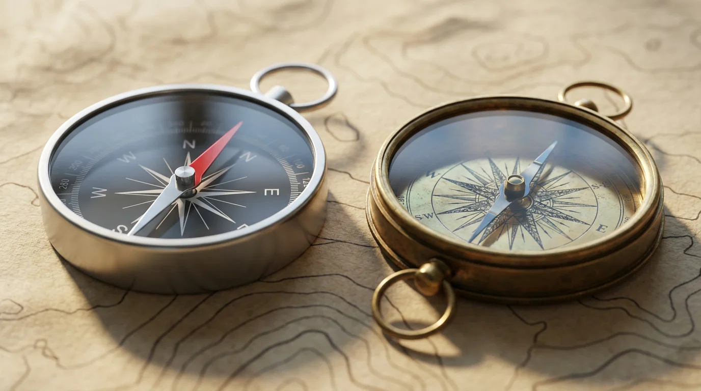 A close-up macro photograph of a modern compass and a vintage compass on a map.