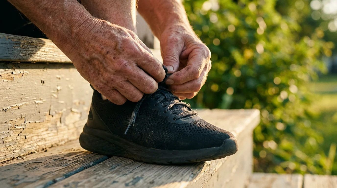 A close-up macro photograph of a senior's hands tying the laces on a sneaker.