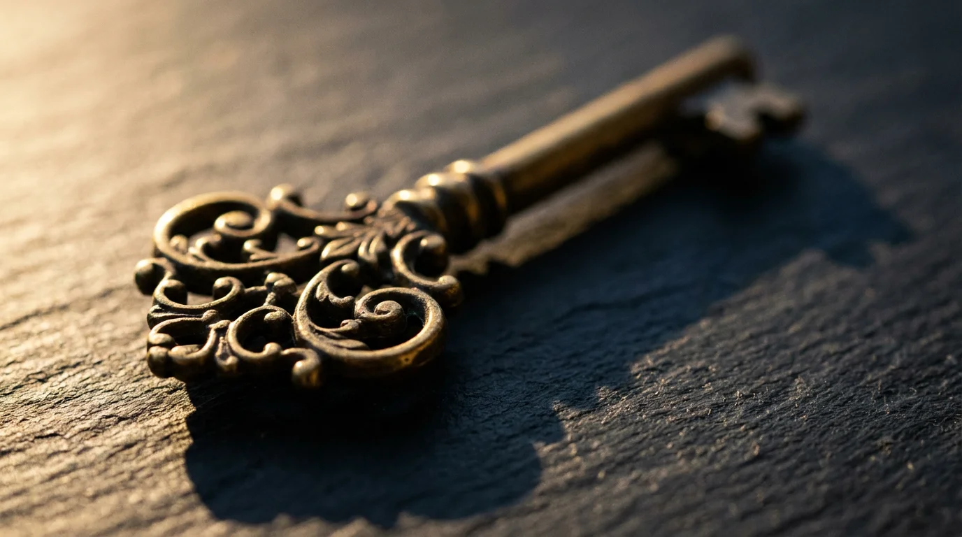 A close-up macro photograph of a vintage brass key casting a long shadow.