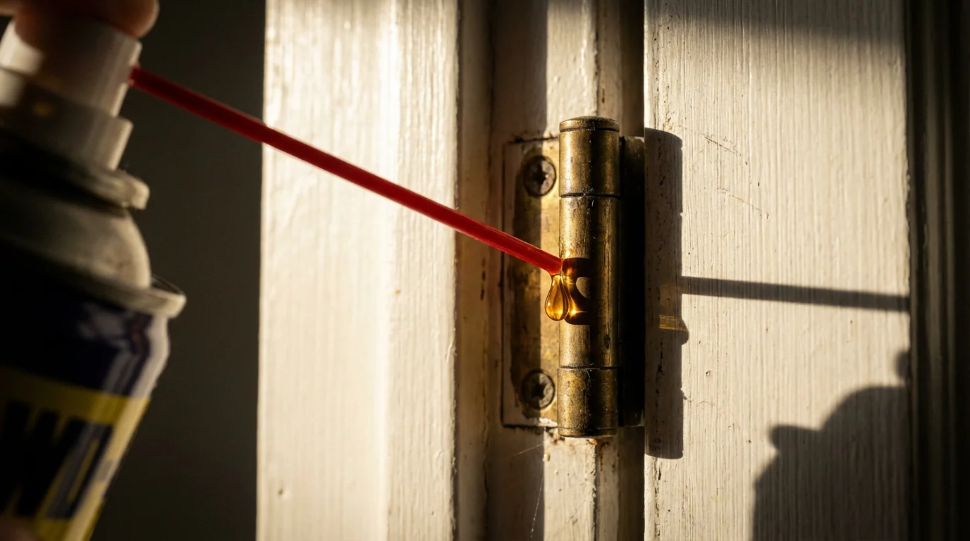 A close-up macro photograph of lubricating oil being applied to a brass door hinge.