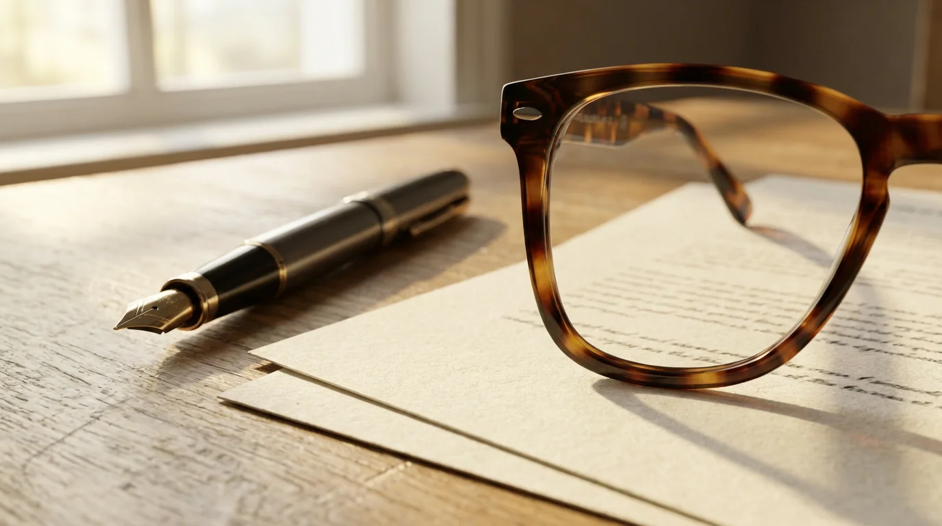 A close-up macro photograph of reading glasses and a pen on travel insurance documents.