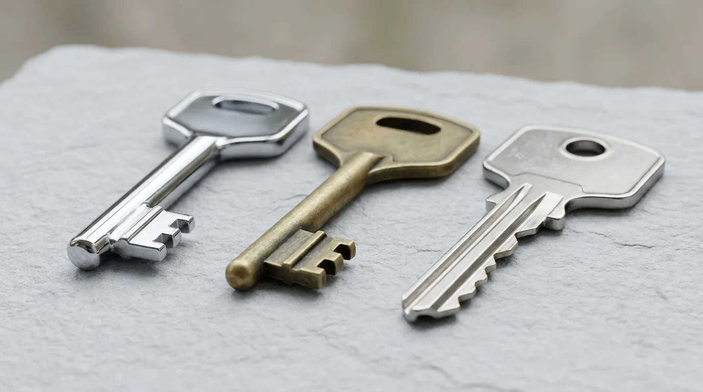 A close-up macro photograph of several different modern keys arranged on a slate surface.