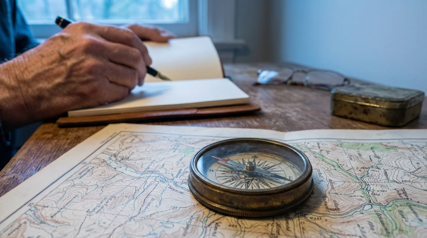 A close-up of a compass and a senior's hands planning a trip with a map.