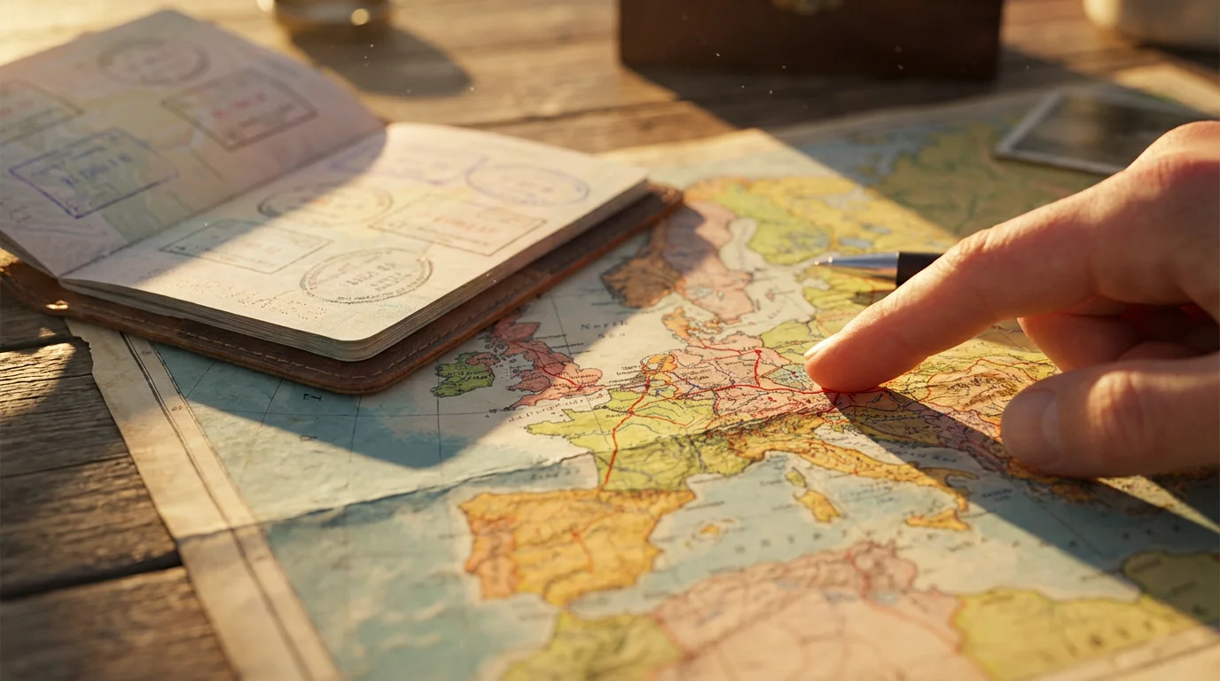 A close-up of a finger tracing a route on a travel map next to a passport.