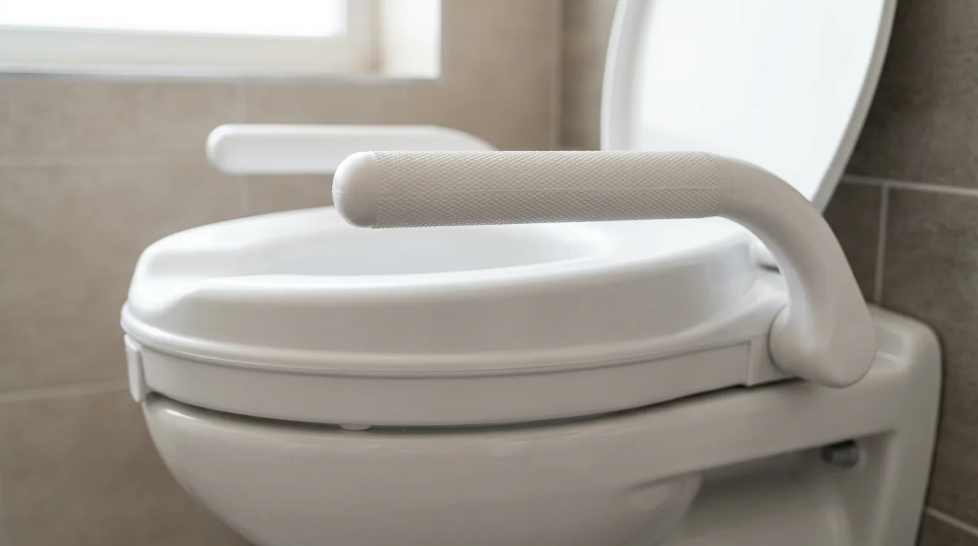 A close-up of a raised toilet seat with integrated support arms for accessibility.