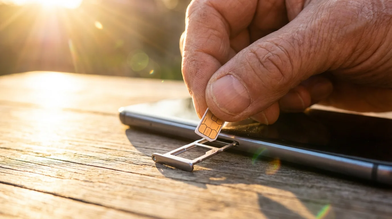 A close-up of a senior's hand inserting a SIM card into a smartphone.