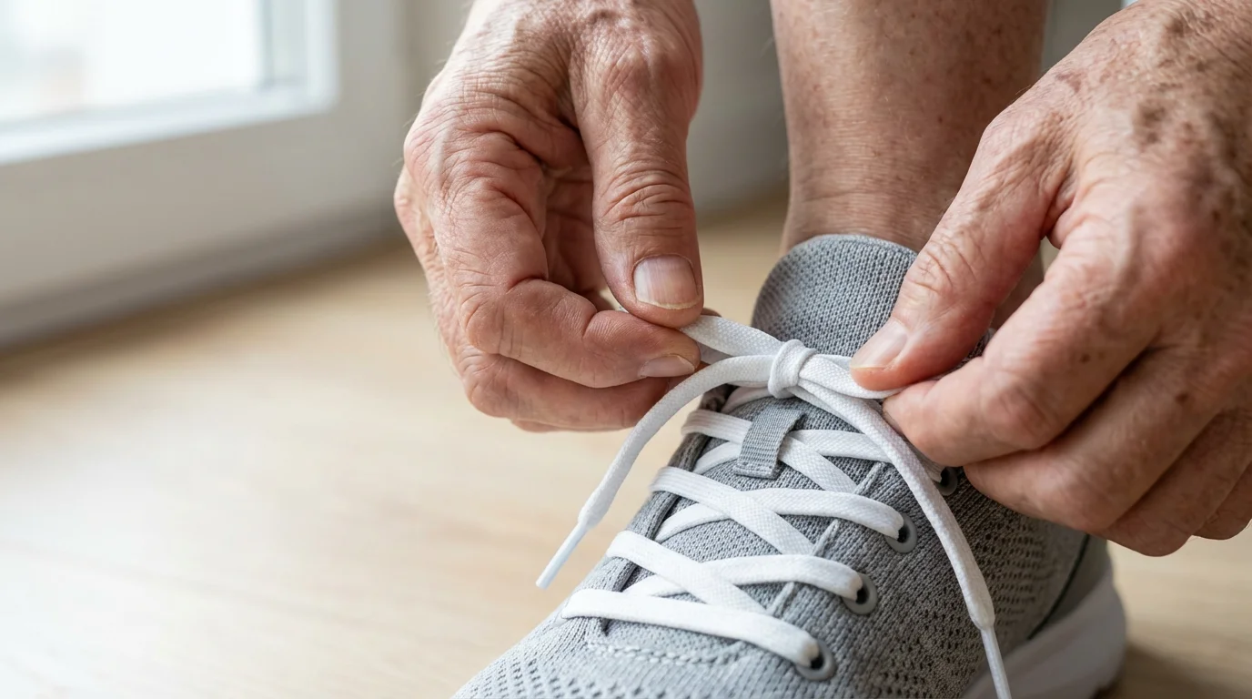 A close-up of a senior's hands tying the laces of a modern athletic shoe.