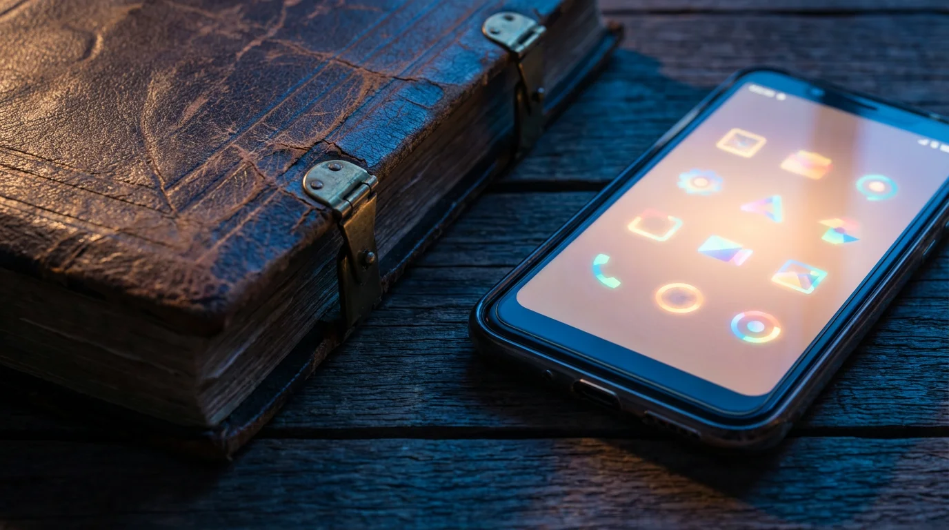 A close-up of a smartphone with app icons next to a traditional leather ledger.