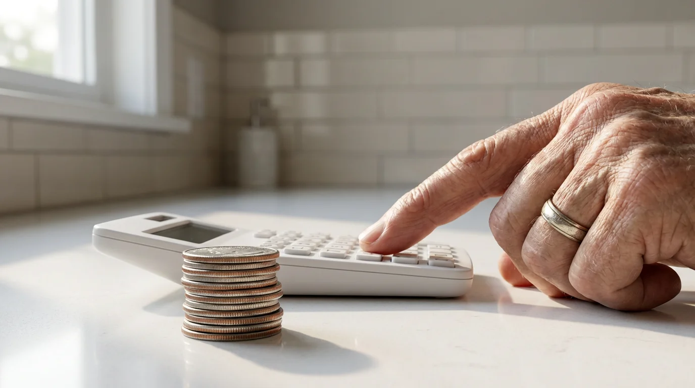A close-up of coins and a calculator on a bathroom countertop, representing project budgeting.