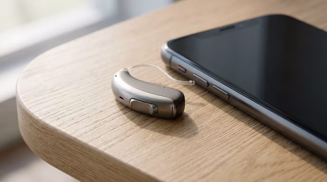 A close-up photograph of a modern hearing aid placed next to a smartphone.