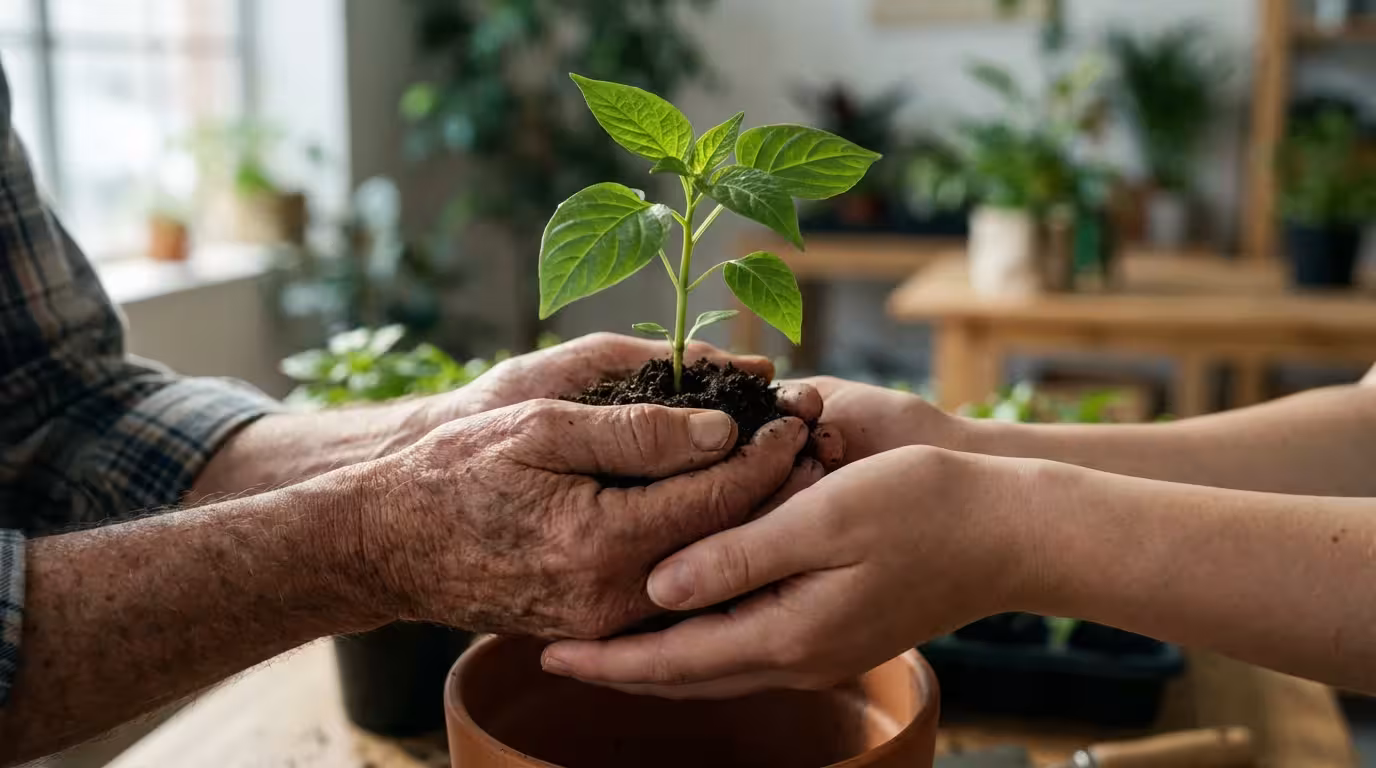 A close-up photograph of diverse hands carefully planting a small green sapling together indoors.