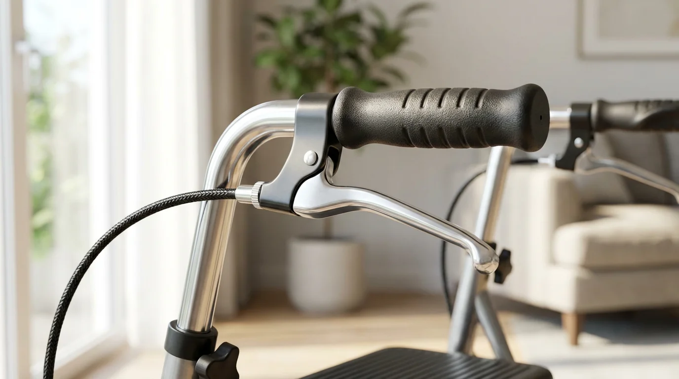 A close-up, photorealistic shot of the brake handle and grip on a modern rollator.