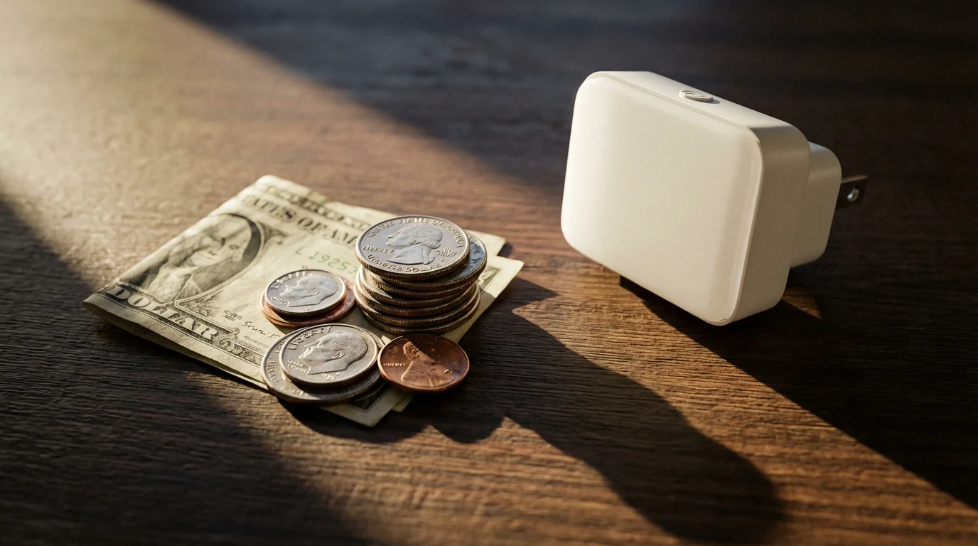 A close-up shot of a few coins and a nightlight, representing home safety budgeting.