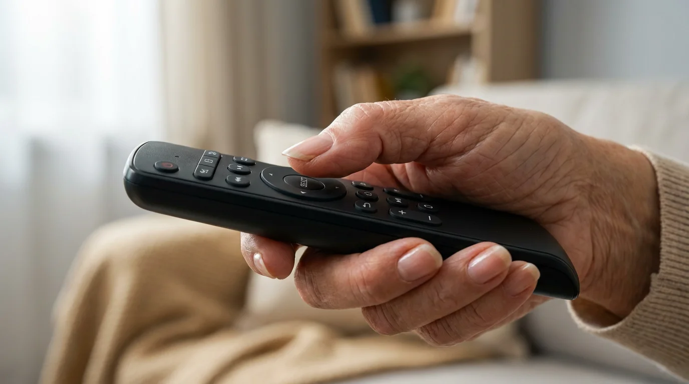 A close-up shot of an older person's hand holding a smart TV remote.