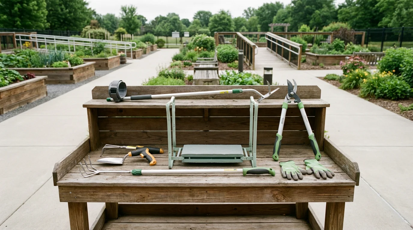 A collection of ergonomic adaptive gardening tools for seniors on a potting bench.
