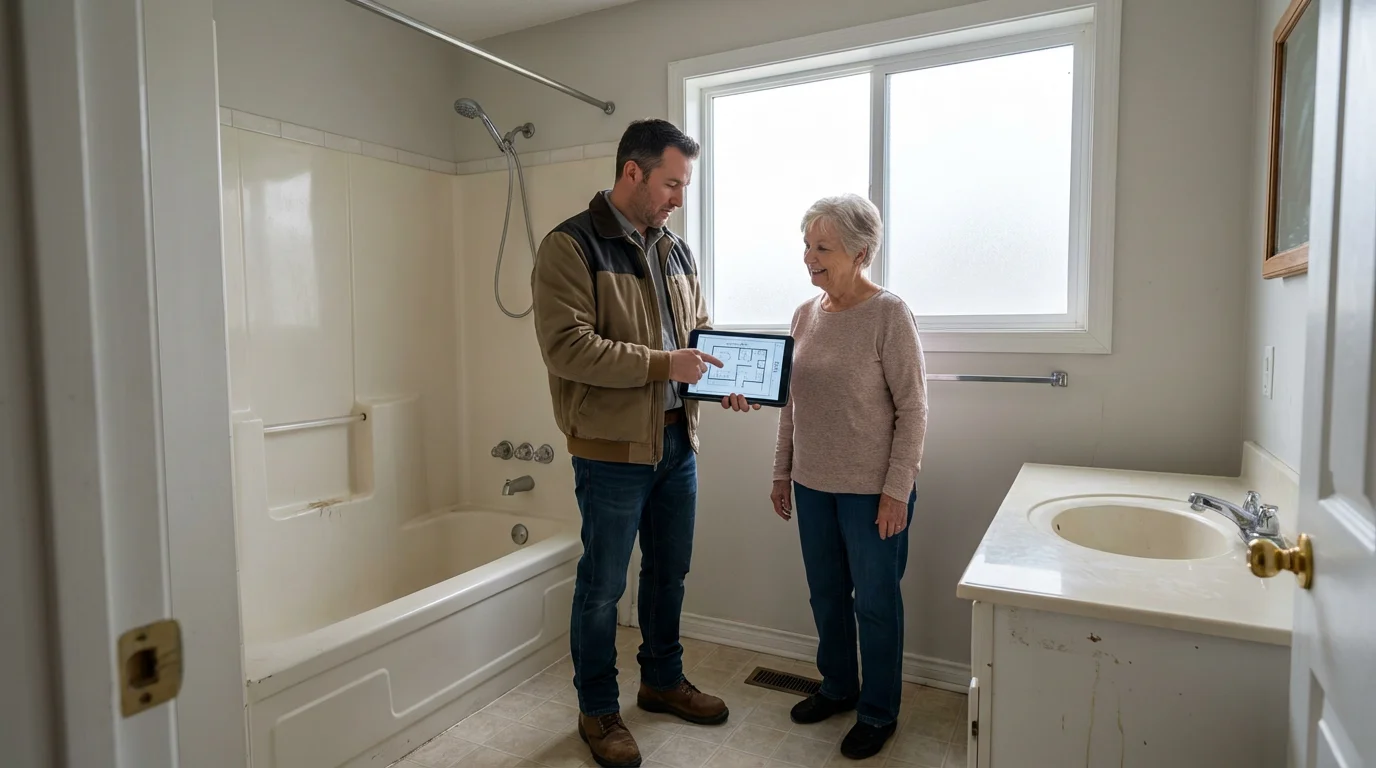 A contractor shows a senior woman bathroom modification plans on a tablet in her home.