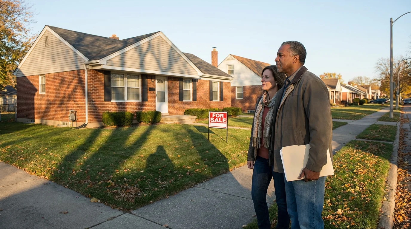 A couple in their 50s stand outside a suburban home, contemplating their options.