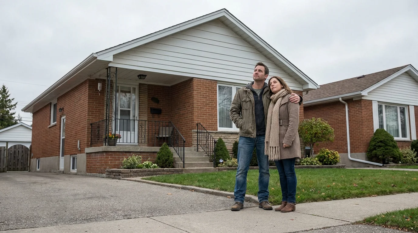 A couple looks thoughtfully at a suburban home, considering their options for an inherited property.