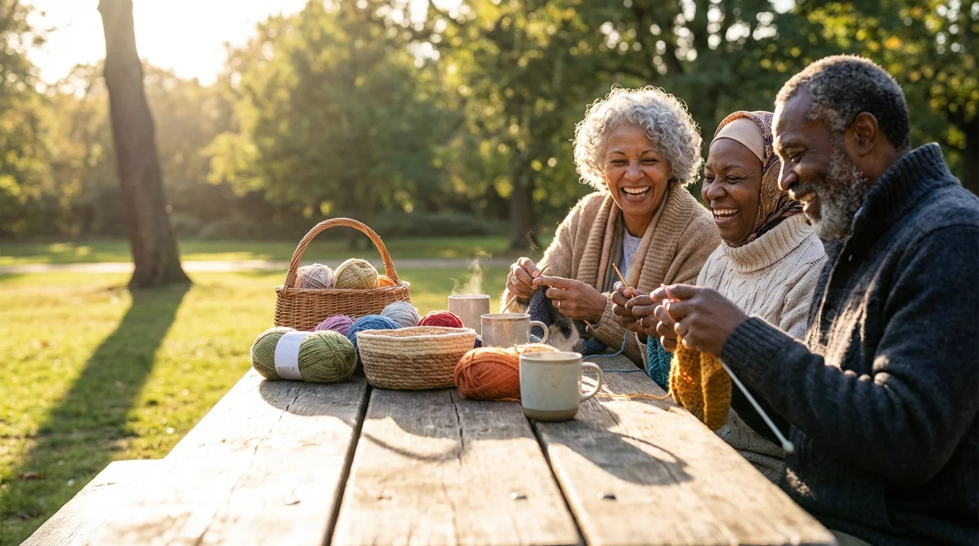 A diverse group of happy seniors knitting and crocheting together at a park table during golden hour.