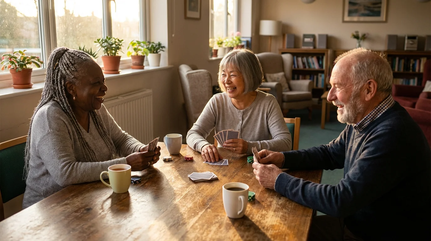 A diverse group of happy seniors playing a card game together in the afternoon.
