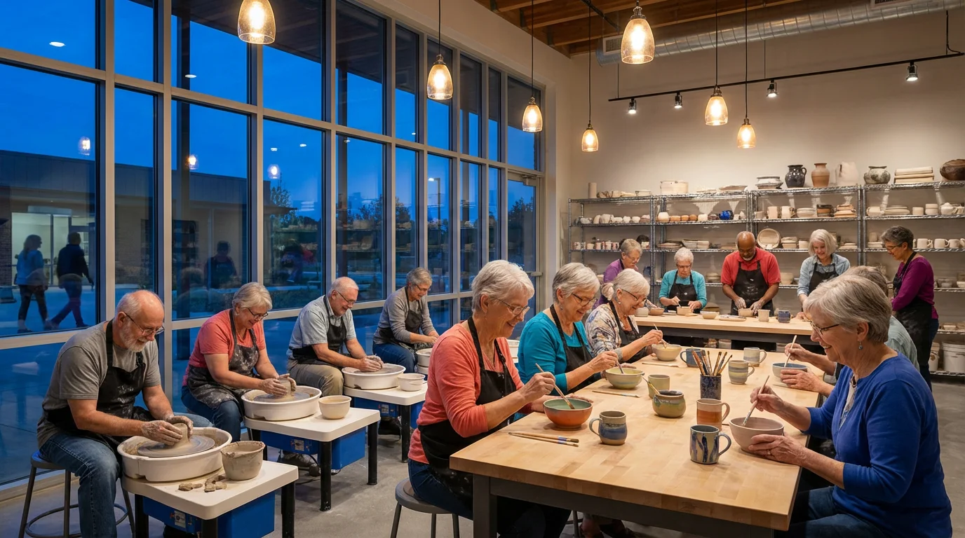 A diverse group of seniors enjoying an evening pottery class at a community center.