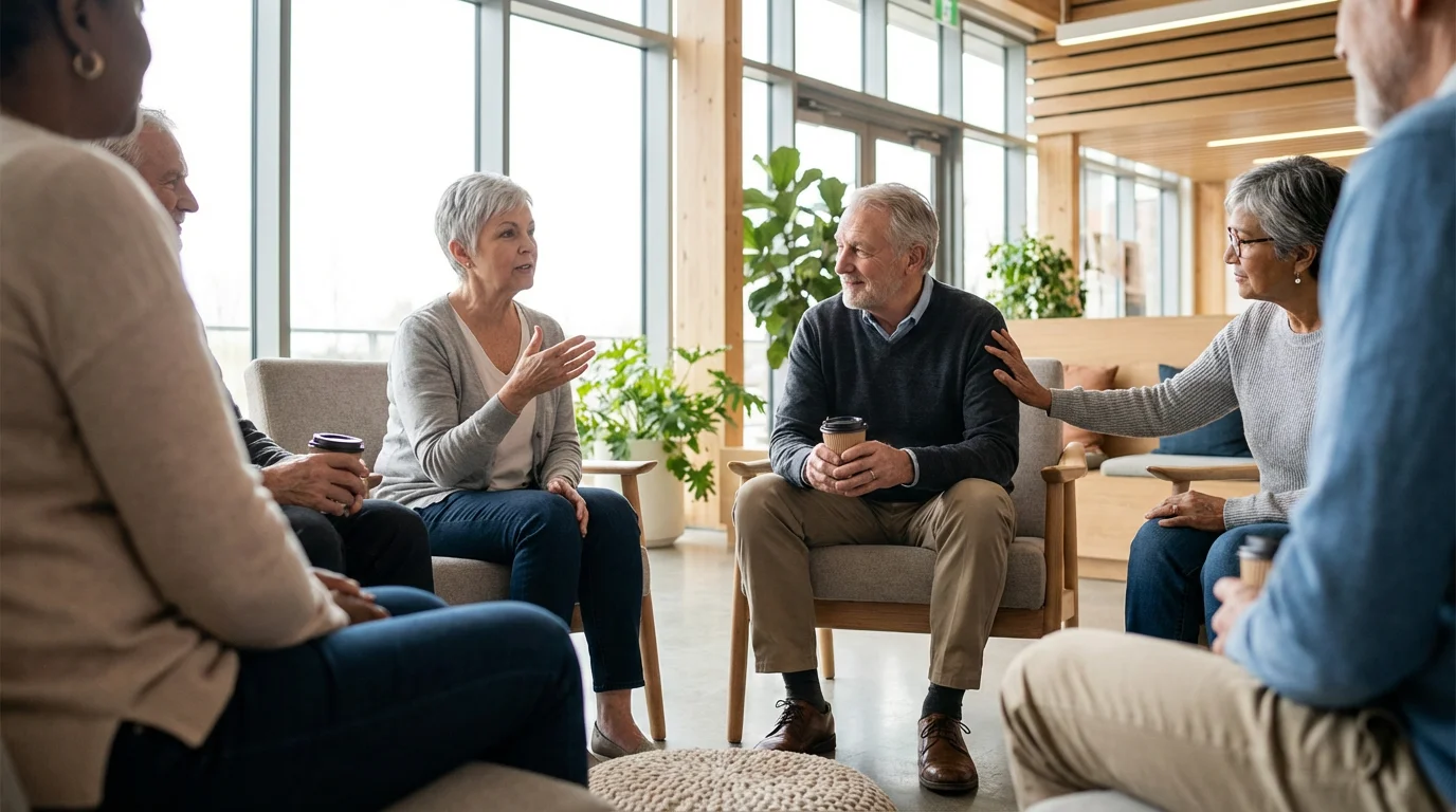 A diverse group of seniors in a sunlit support group meeting, viewed from a low angle.