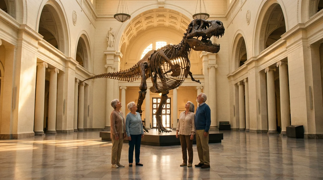A diverse group of seniors marveling at a dinosaur skeleton in a grand museum.