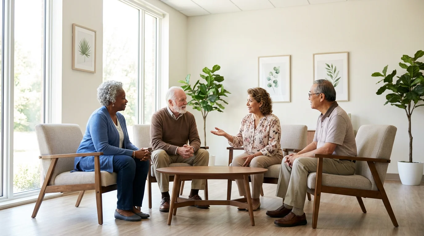 A diverse group of seniors offering support to each other in a sunlit lounge.